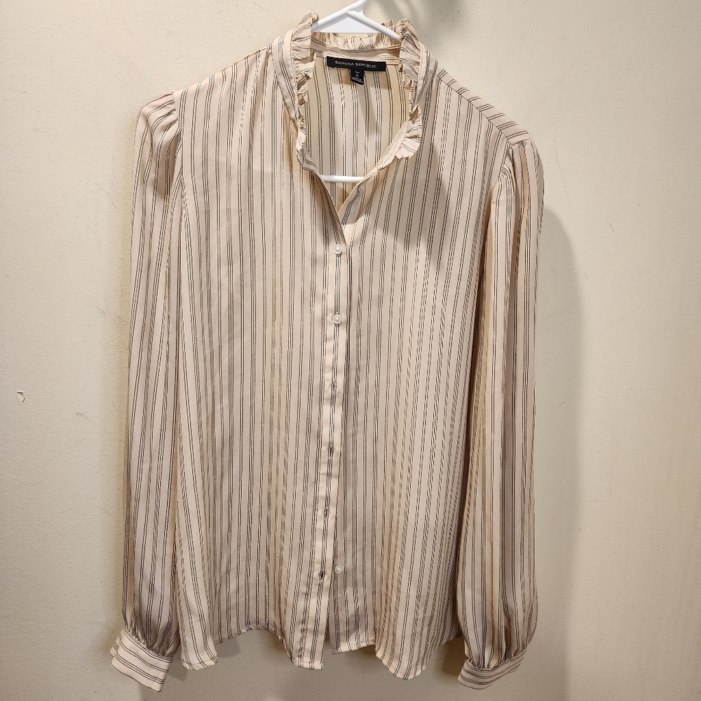 BANANA REPUBLIC Striped Ruffle Collar Long Sleeves Blouse Tall S